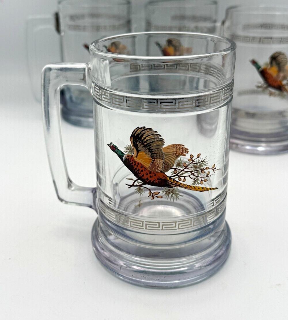 Set of 4 Princess House Glass Beer Mugs 12 oz Pheasant Design Handles EUC